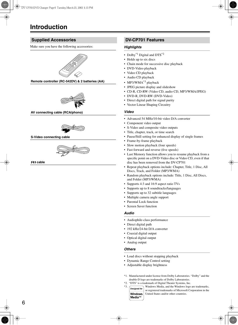 Introduction | Onkyo DV-CP701 User Manual | Page 6 / 48