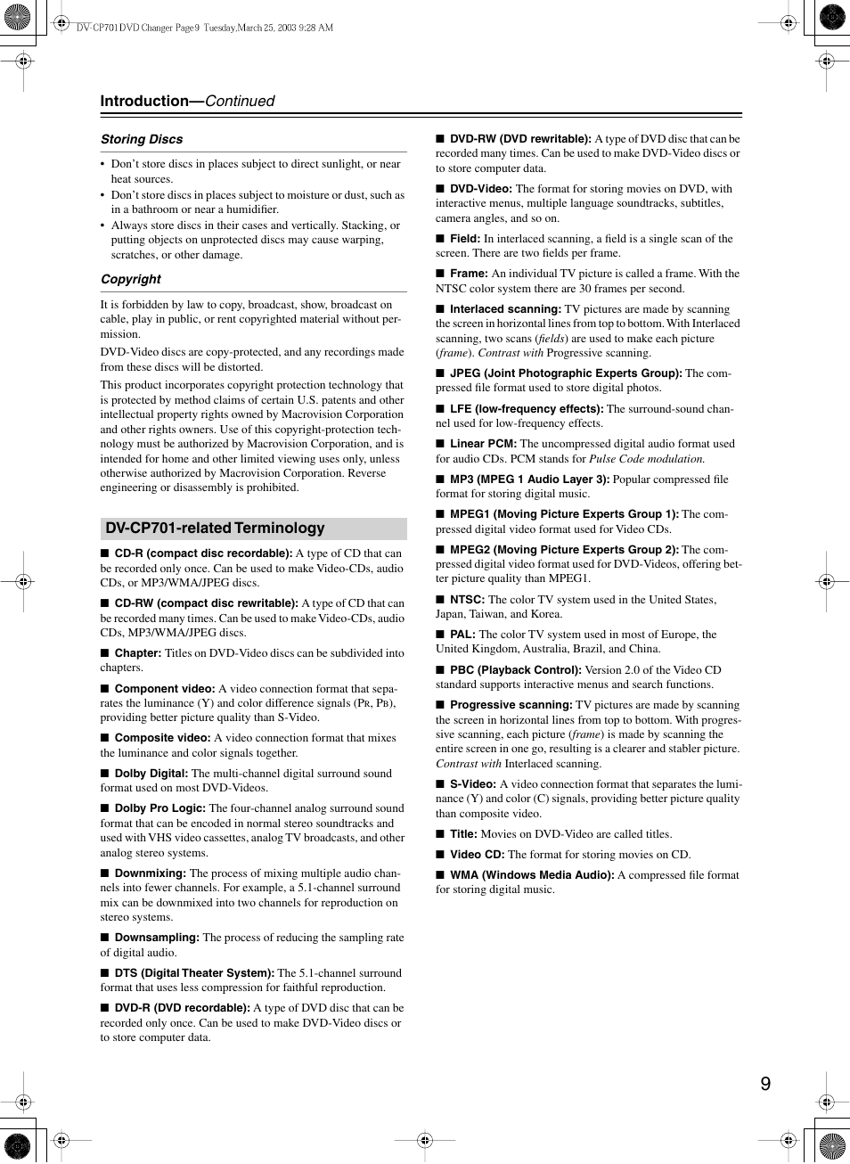 Introduction— continued, Dv-cp701-related terminology | Onkyo DV-CP701 User Manual | Page 9 / 48