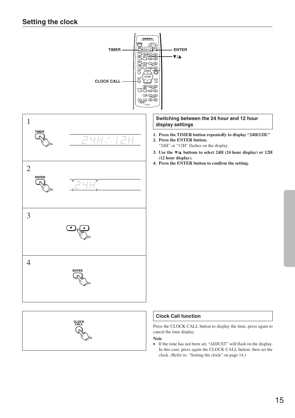 Setting the clock, Clock call function | Onkyo CR-305TX User Manual | Page 15 / 36