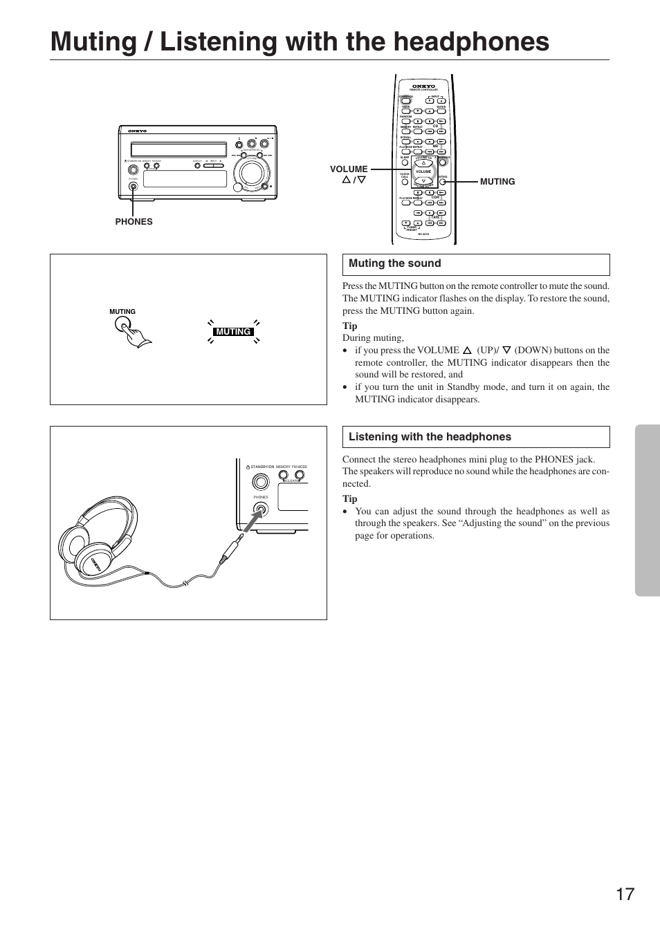 Muting / listening with the headphones, Listening with the headphones, Muting the sound | Muting, Phones, Volume | Onkyo CR-305TX User Manual | Page 17 / 36