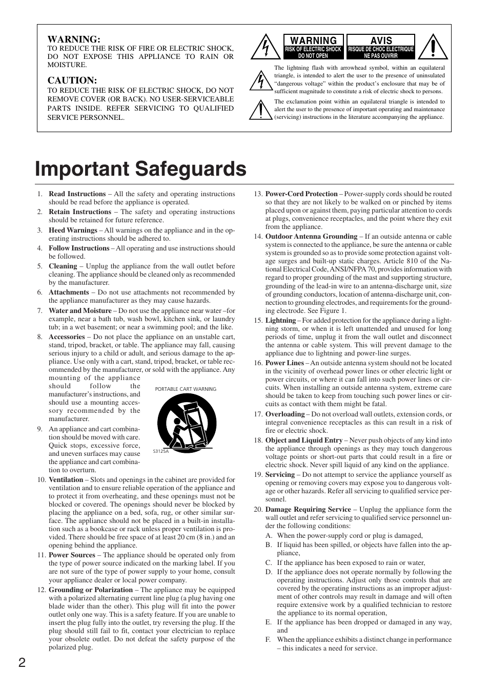 Before using, Important safeguards, Warning | Caution, Avis | Onkyo CR-305TX User Manual | Page 2 / 36