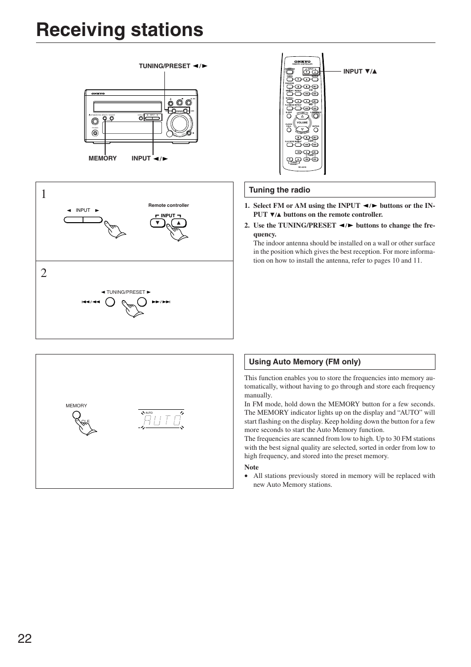 Receiving stations, Tuning the radio, Tuning/preset input | Input | Onkyo CR-305TX User Manual | Page 22 / 36