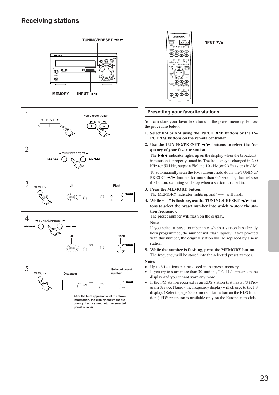 Receiving stations, Presetting your favorite stations, Tuning/preset input | Onkyo CR-305TX User Manual | Page 23 / 36