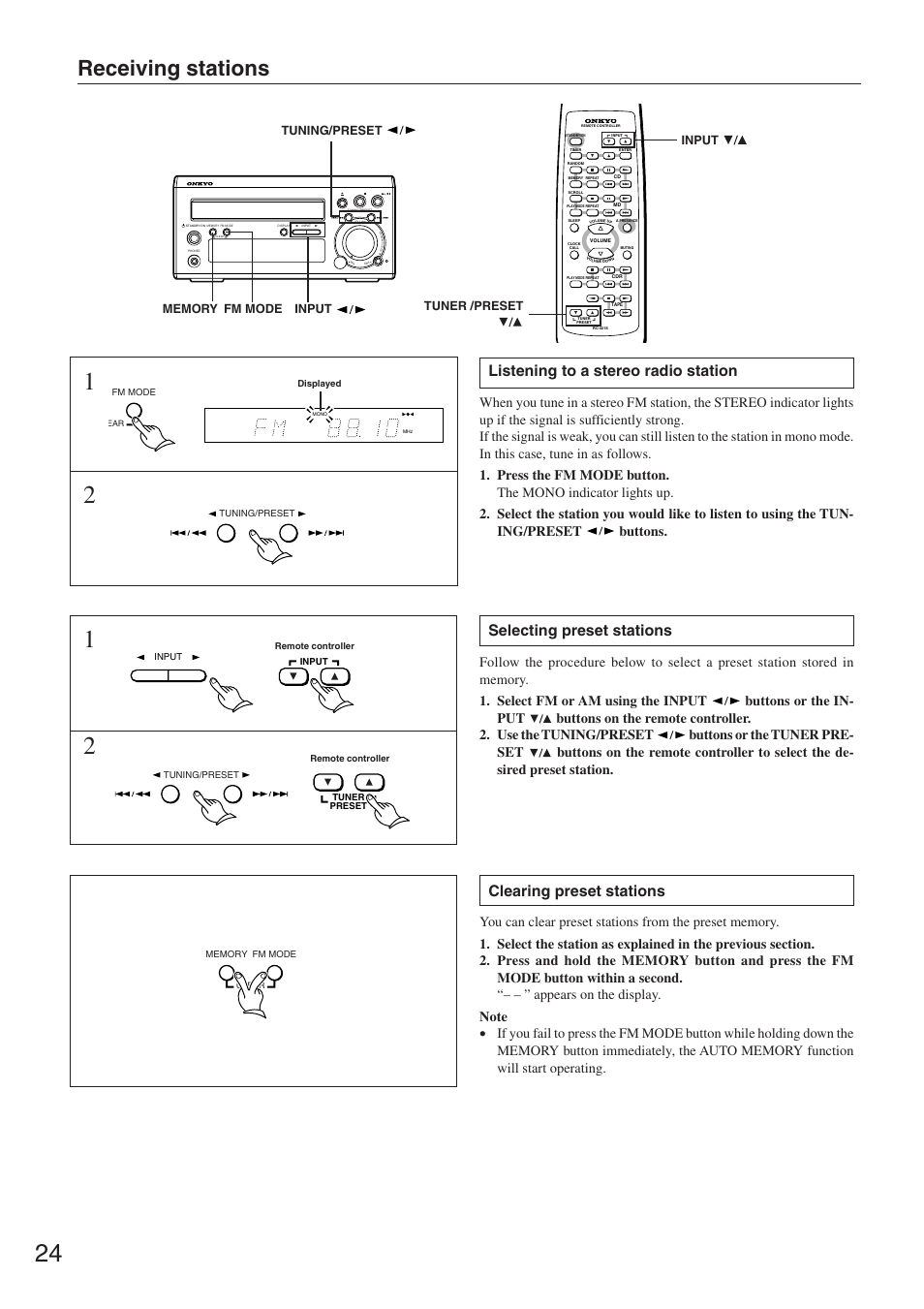 Receiving stations, Listening to a stereo radio station, Selecting preset stations | Clearing preset stations, Fm mode, Input, Tuning/preset tuner /preset | Onkyo CR-305TX User Manual | Page 24 / 36