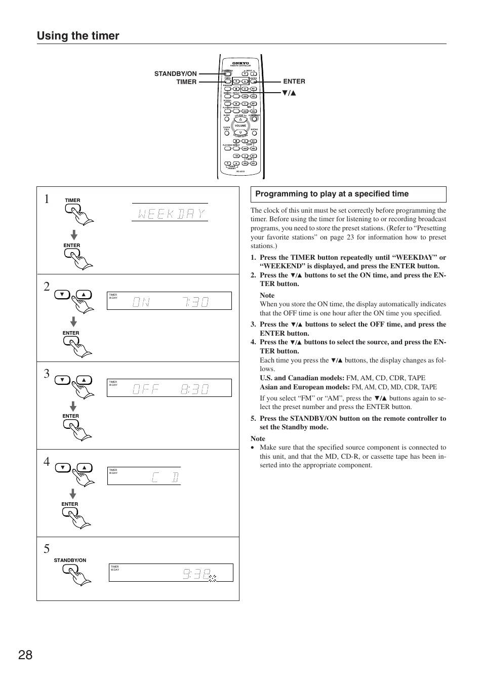Using the timer, Programming to play at a specified time | Onkyo CR-305TX User Manual | Page 28 / 36