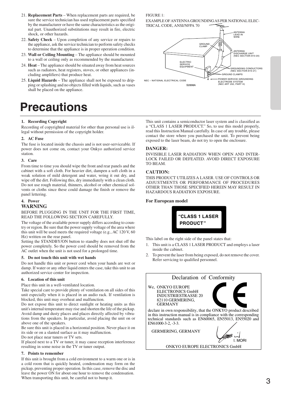 Precautions, Declaration of conformity | Onkyo CR-305TX User Manual | Page 3 / 36