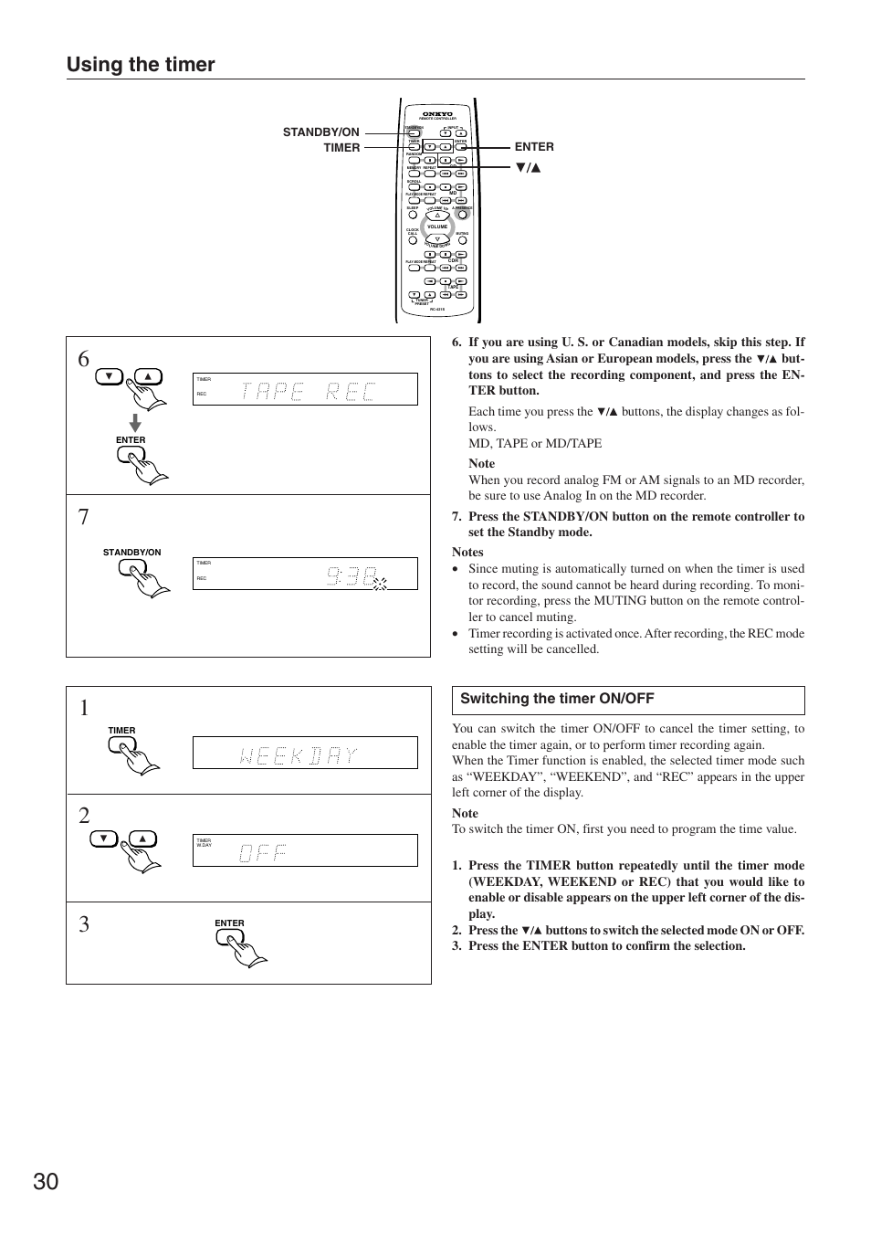 Using the timer, Switching the timer on/off | Onkyo CR-305TX User Manual | Page 30 / 36