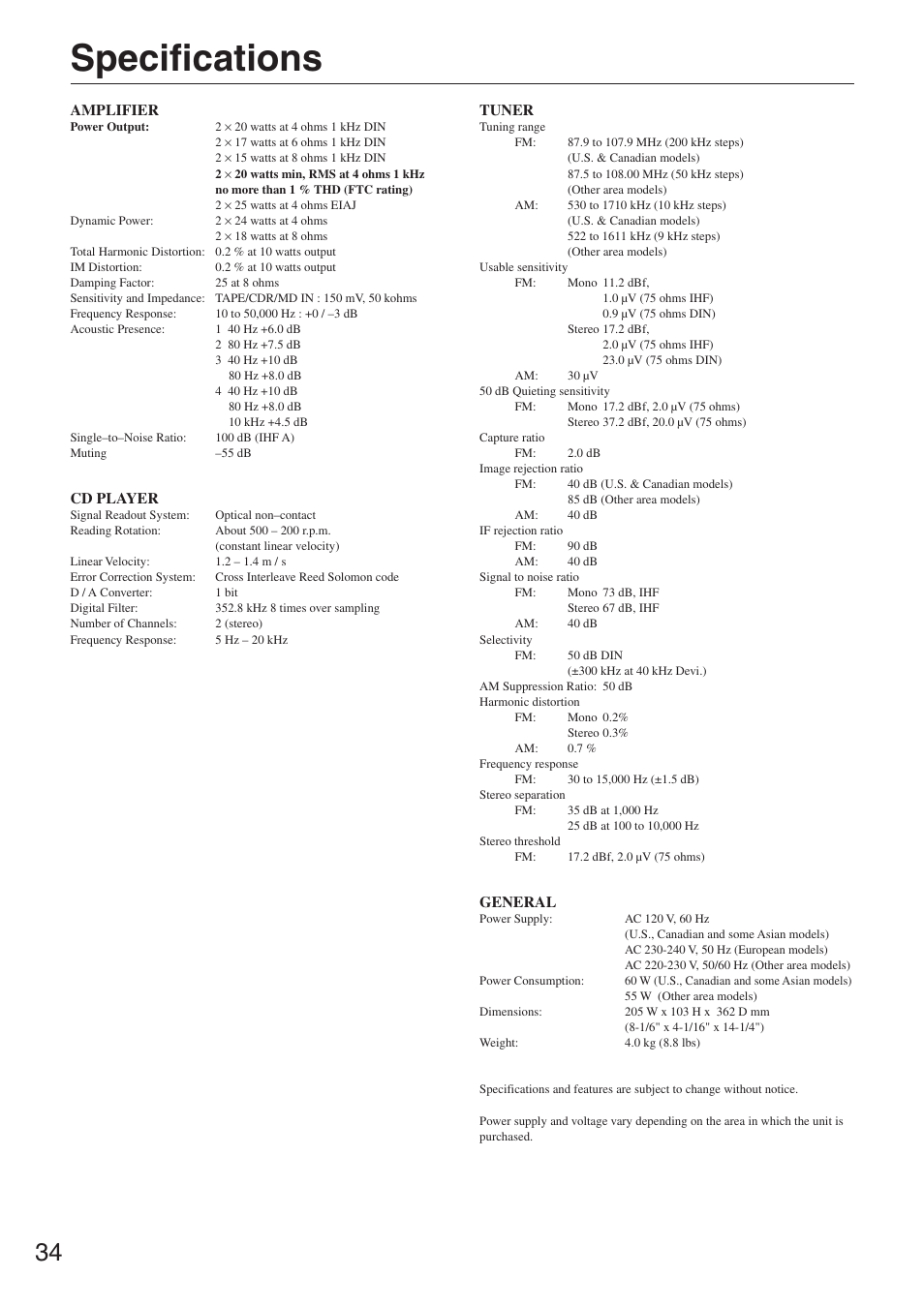 Specifications, Amplifier, Cd player | Tuner, General | Onkyo CR-305TX User Manual | Page 34 / 36