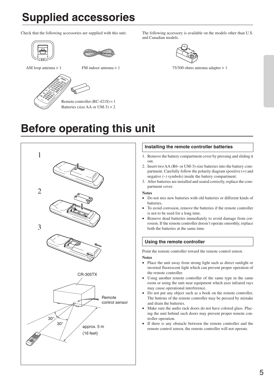 Supplied accessories, Before operating this unit, Supplied accessories before operating this unit | Onkyo CR-305TX User Manual | Page 5 / 36