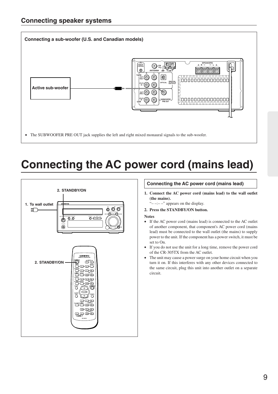 Connecting the ac power cord (mains lead), Connecting speaker systems, Connecting a sub-woofer (u.s. and canadian models) | Active sub-woofer | Onkyo CR-305TX User Manual | Page 9 / 36