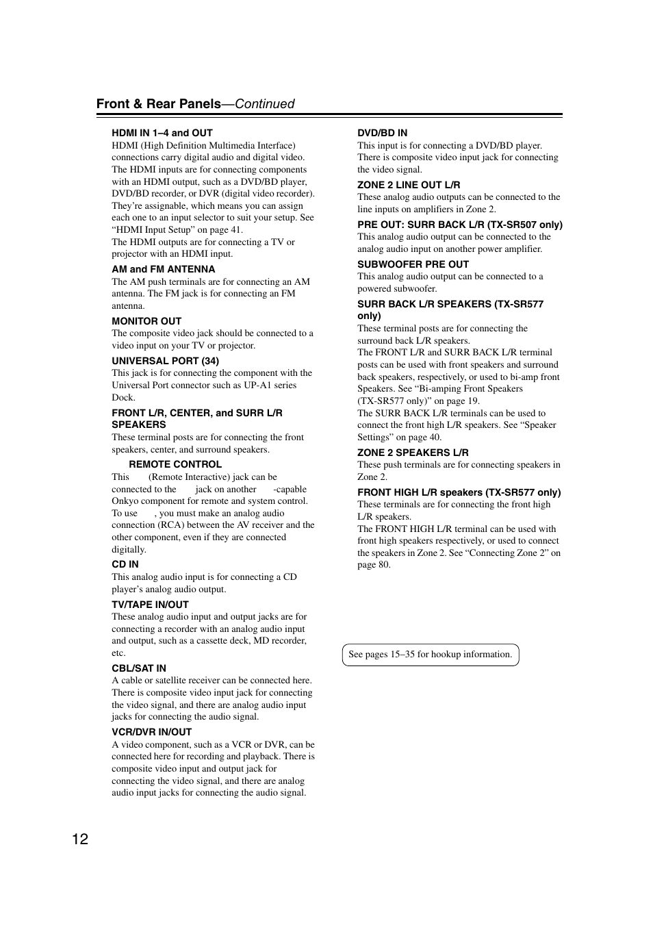 Front & rear panels —continued | Onkyo TX SR507 User Manual | Page 12 / 100