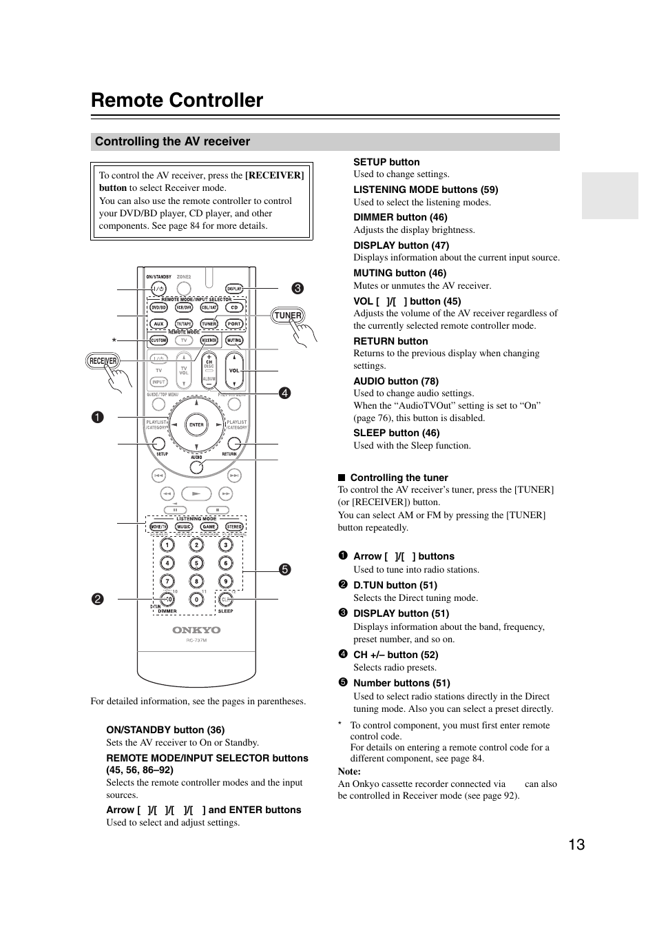 Remote controller, Controlling the av receiver | Onkyo TX SR507 User Manual | Page 13 / 100
