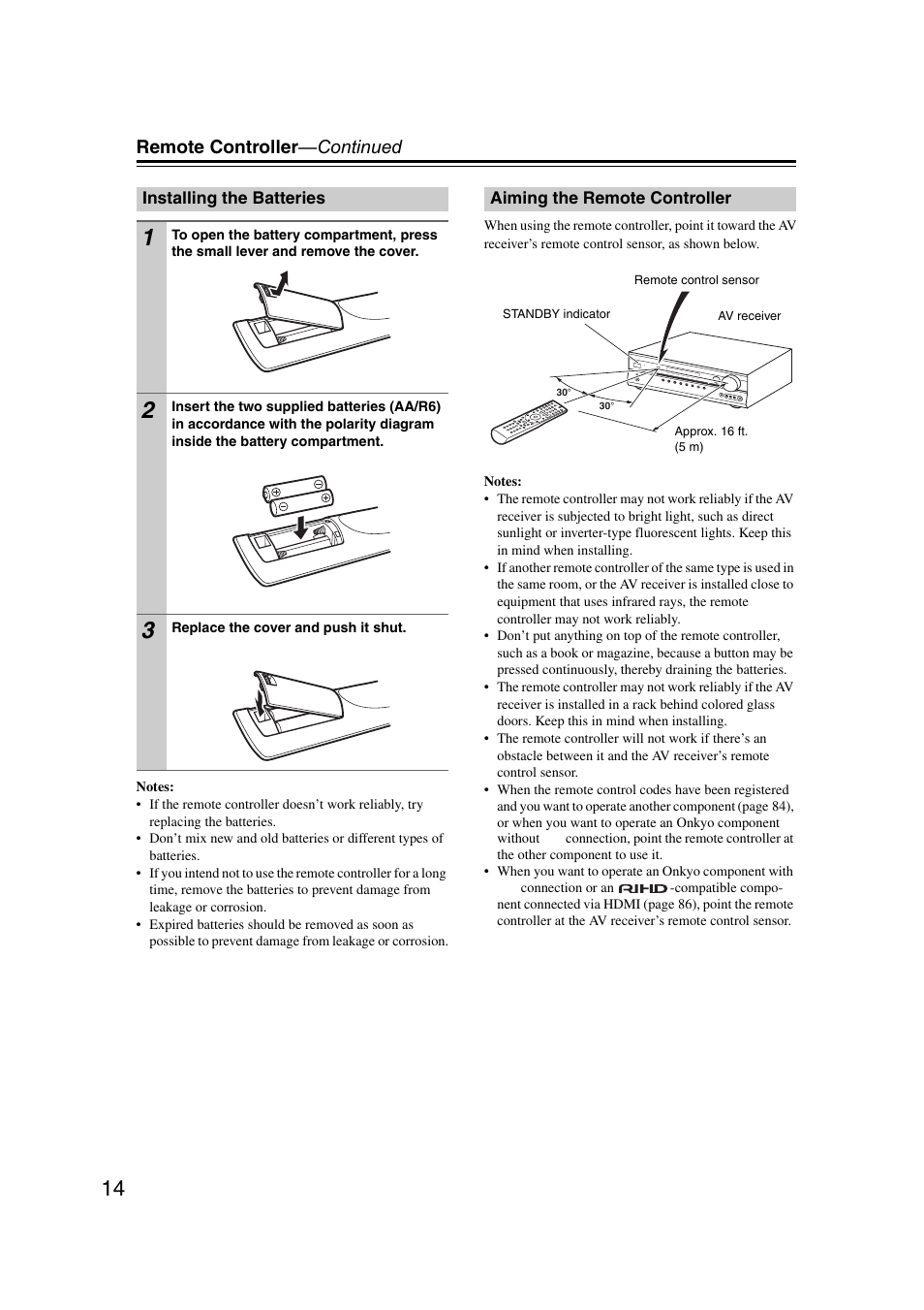 Installing the batteries, Aiming the remote controller, Remote controller —continued | Onkyo TX SR507 User Manual | Page 14 / 100