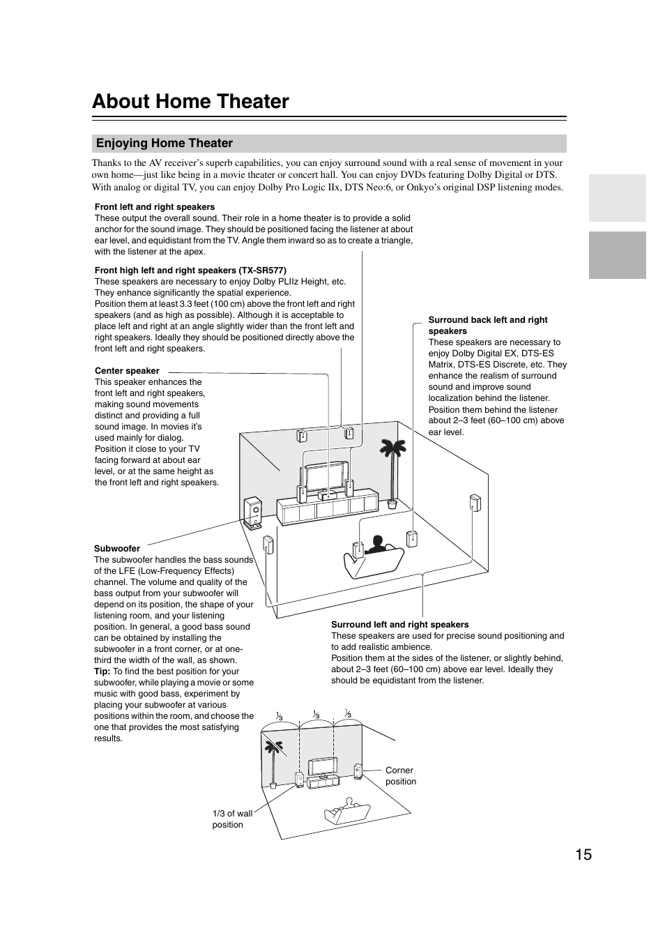 About home theater, Enjoying home theater, Connections | Onkyo TX SR507 User Manual | Page 15 / 100