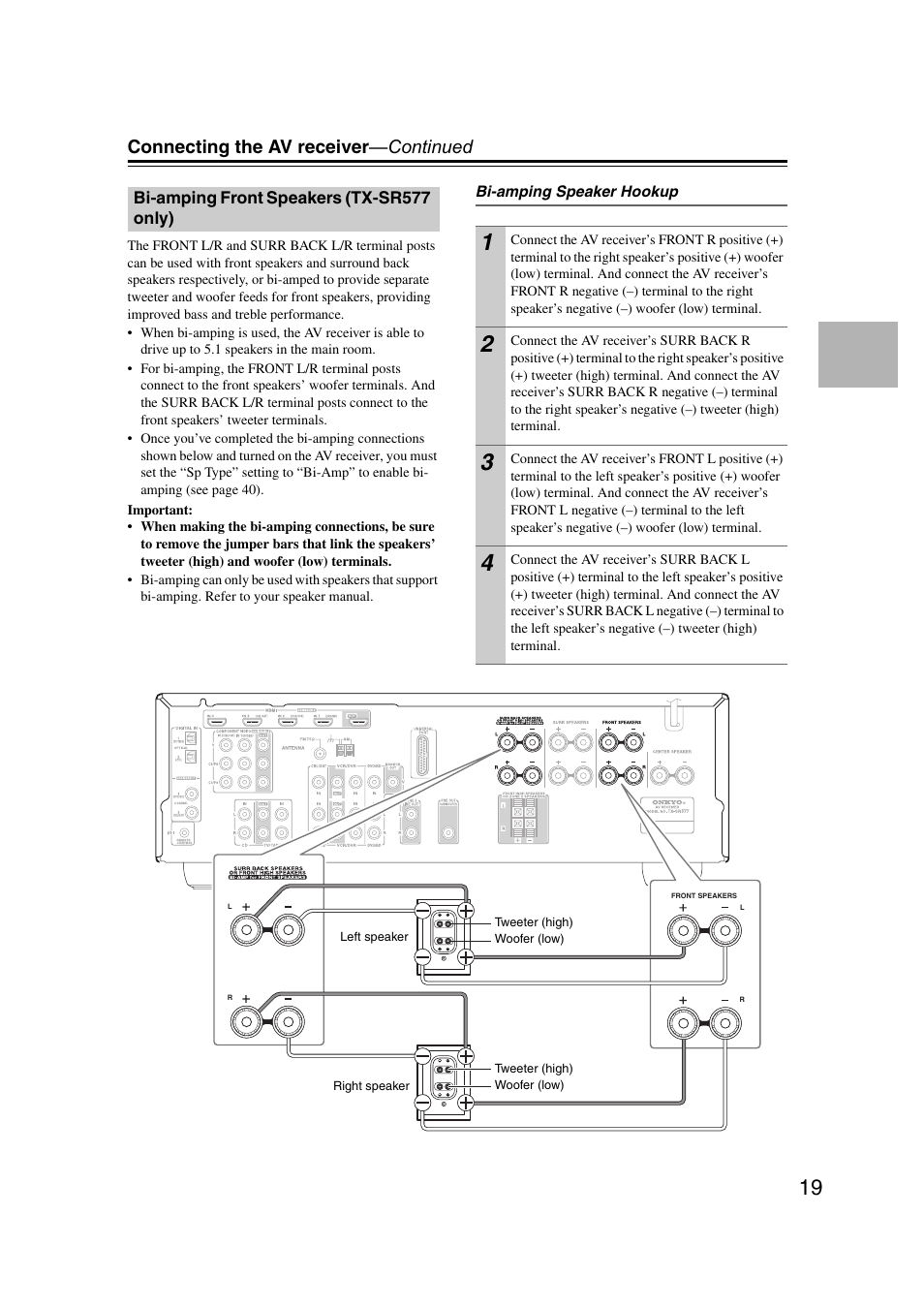 Bi-amping front speakers (tx-sr577 only), Connecting the av receiver —continued | Onkyo TX SR507 User Manual | Page 19 / 100