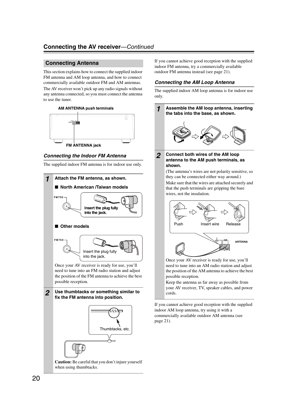 Connecting antenna, Connecting the av receiver —continued | Onkyo TX SR507 User Manual | Page 20 / 100