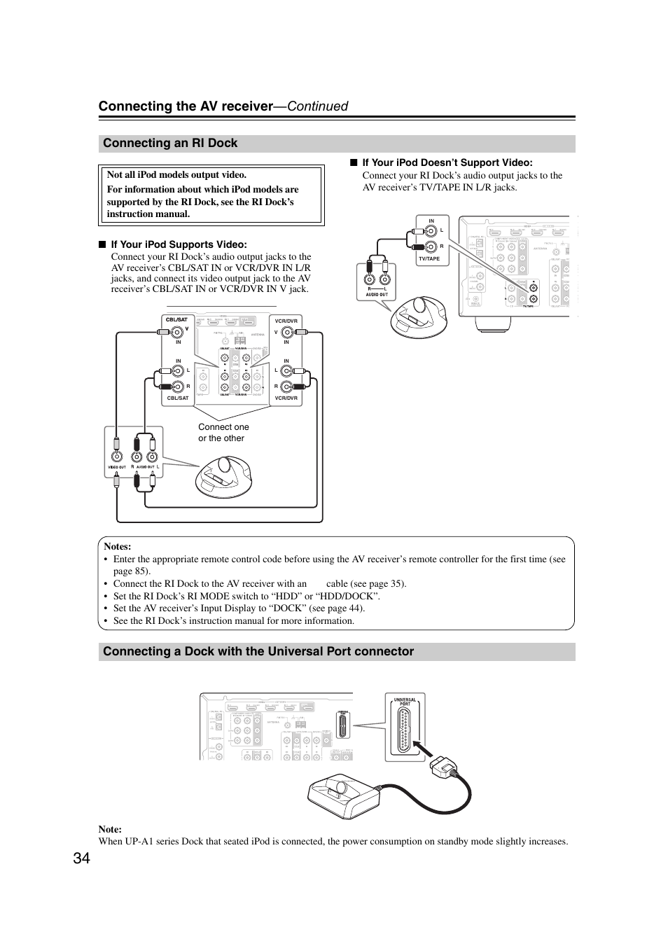 Connecting an ri dock, Connector, Connecting the av receiver —continued | Onkyo TX SR507 User Manual | Page 34 / 100