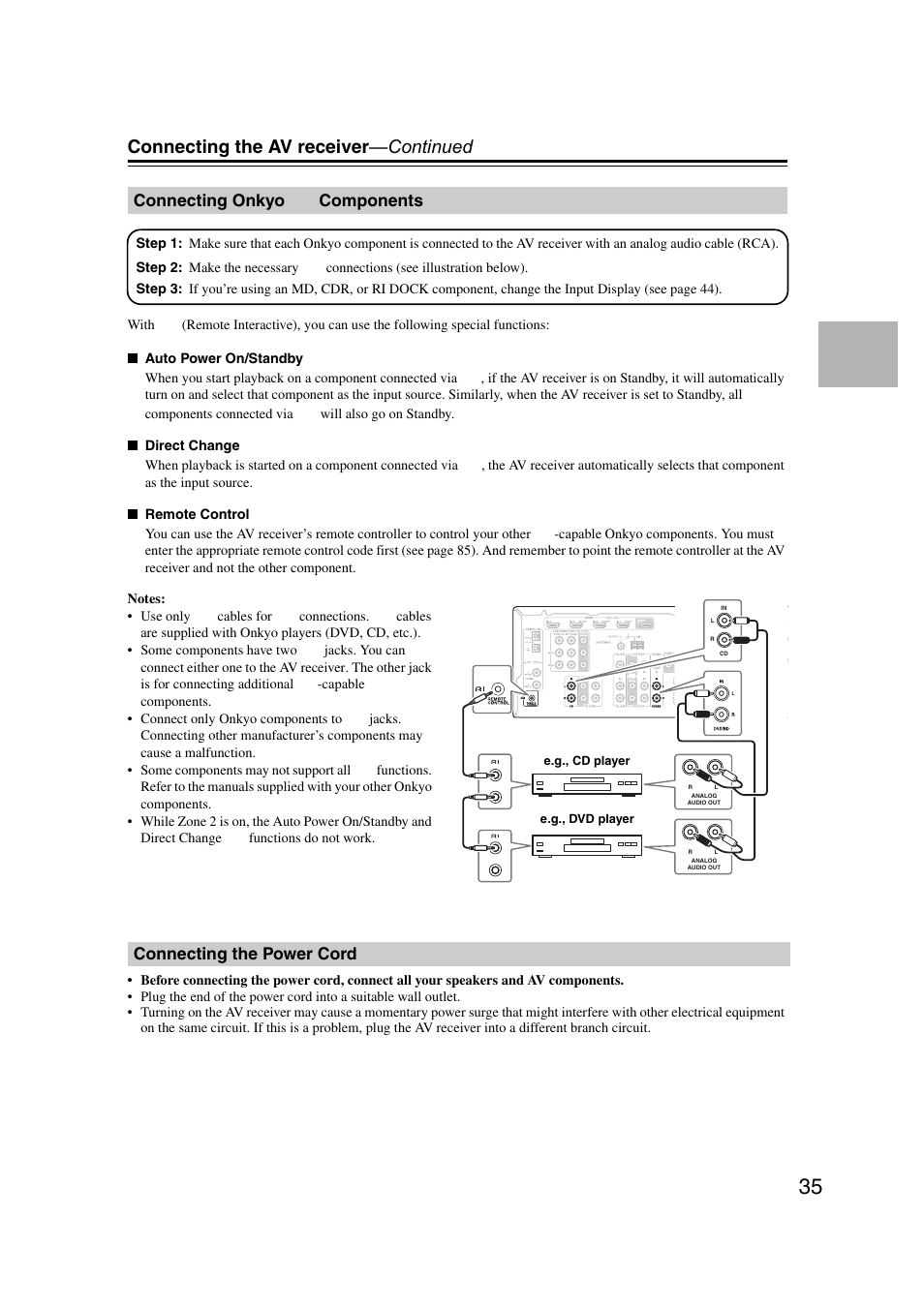 Connecting onkyo ri components, Connecting the power cord, Connecting onkyo | Components, Connecting the av receiver —continued, Connecting onkyo components | Onkyo TX SR507 User Manual | Page 35 / 100