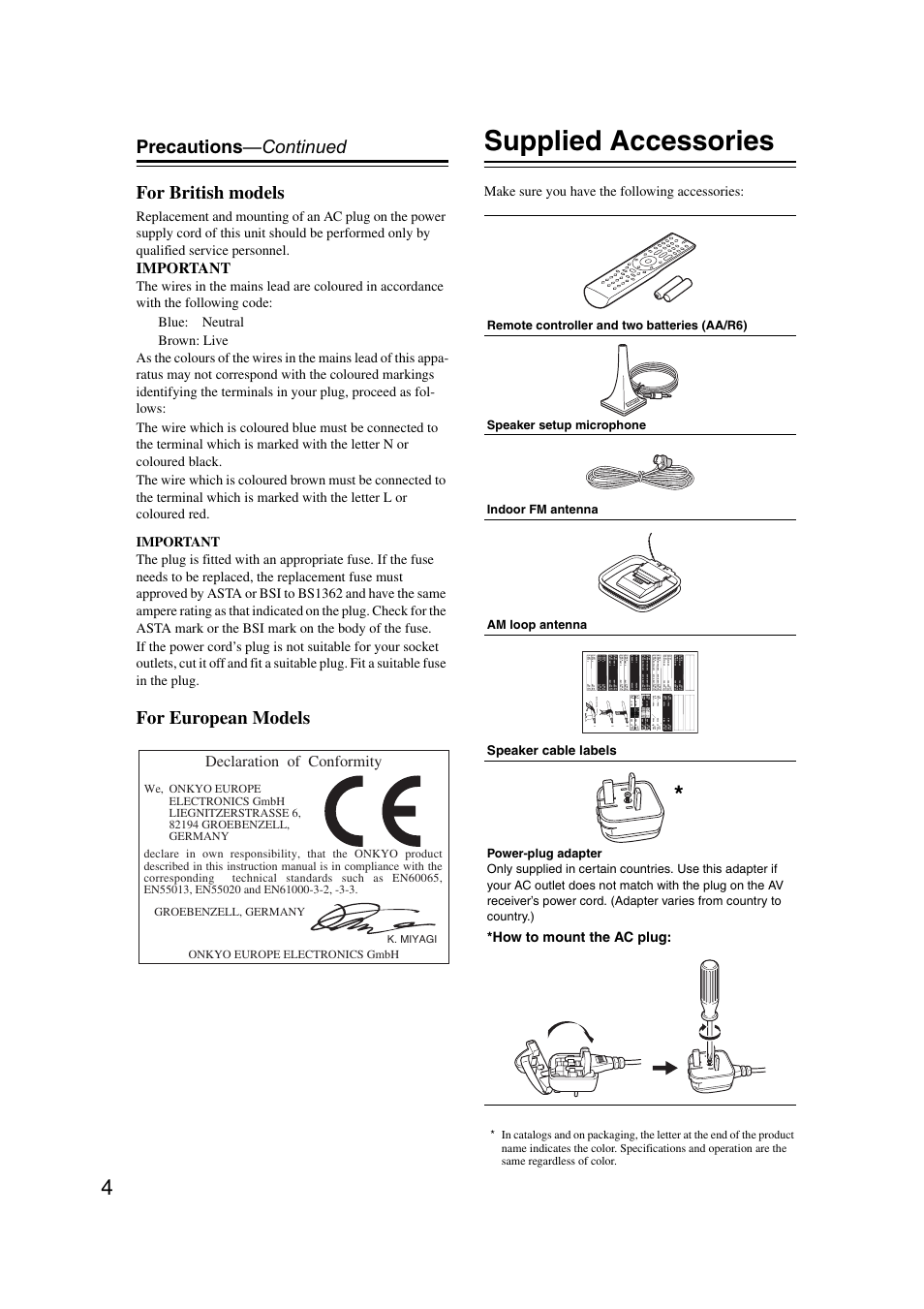 Supplied accessories, Precautions —continued for british models, For european models | Onkyo TX SR507 User Manual | Page 4 / 100