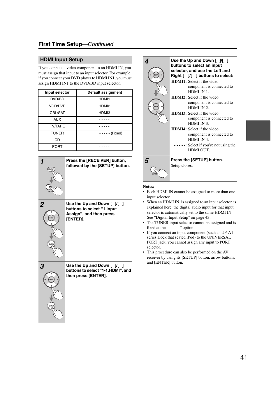 Hdmi input setup, E hdmi input setup, First time setup —continued | Onkyo TX SR507 User Manual | Page 41 / 100