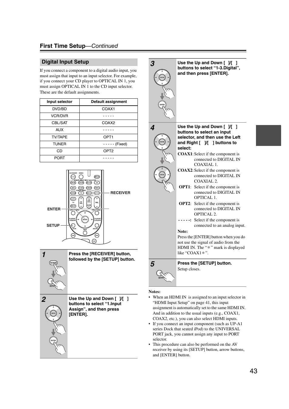 Digital input setup, First time setup —continued | Onkyo TX SR507 User Manual | Page 43 / 100