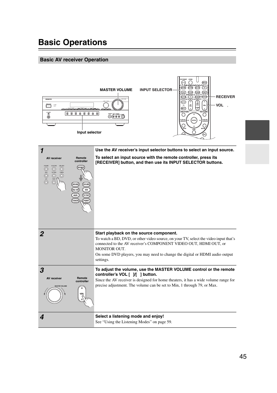 Basic operations, Basic av receiver operation, L (45) | Ttons (45) | Onkyo TX SR507 User Manual | Page 45 / 100