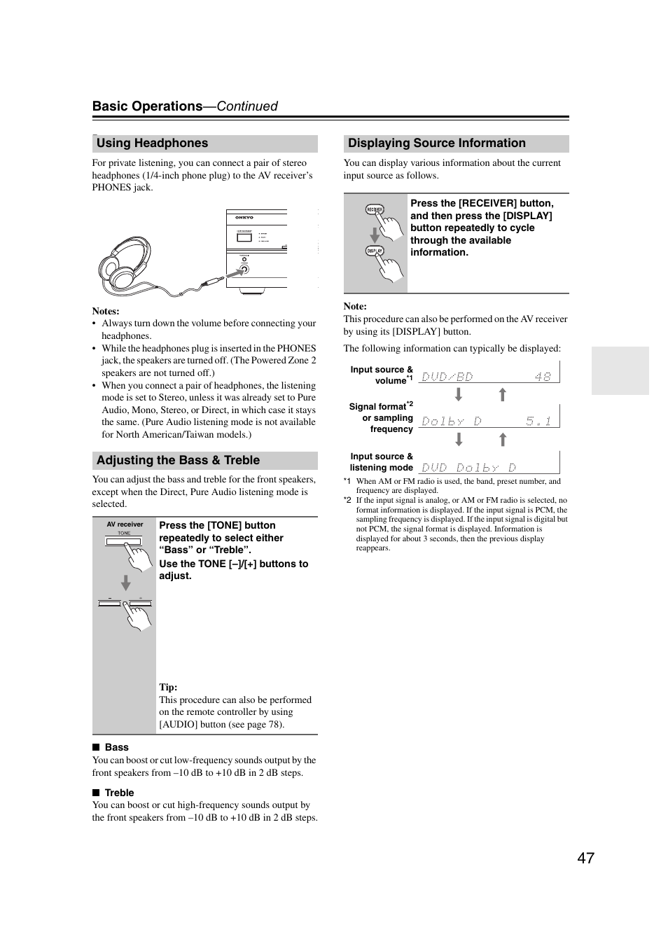 Using headphones, Adjusting the bass & treble, Displaying source information | Basic operations —continued | Onkyo TX SR507 User Manual | Page 47 / 100