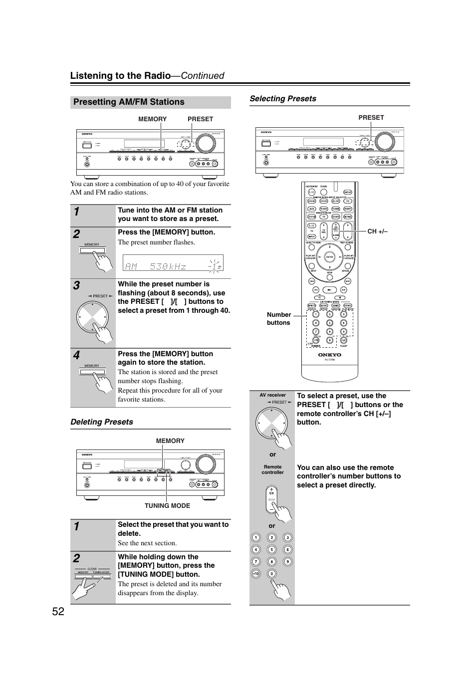 Presetting am/fm stations, Tton (52), Listening to the radio —continued | Onkyo TX SR507 User Manual | Page 52 / 100