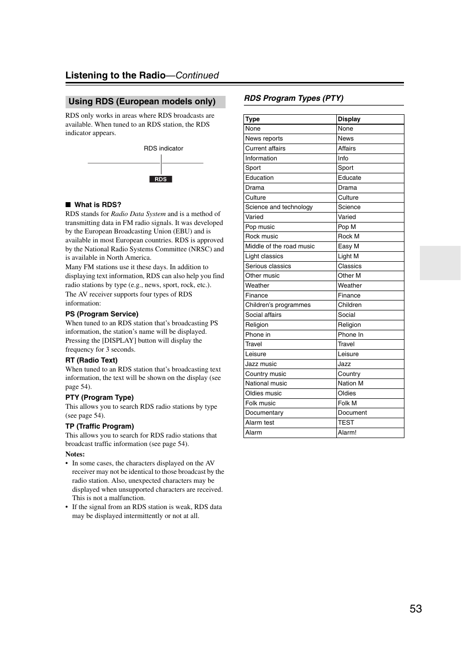 Using rds (european models only), Rds (53), Listening to the radio —continued | Onkyo TX SR507 User Manual | Page 53 / 100