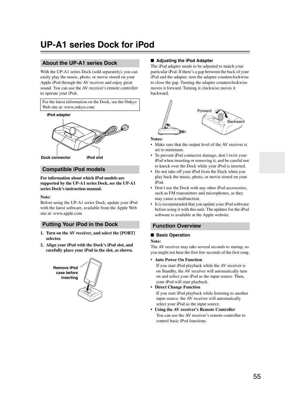 Up-a1 series dock for ipod, About the up-a1 series dock, Compatible ipod models | Putting your ipod in the dock, Function overview | Onkyo TX SR507 User Manual | Page 55 / 100