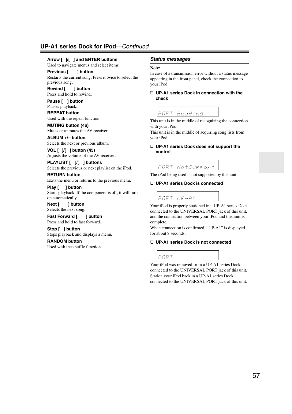 Up-a1 series dock for ipod —continued | Onkyo TX SR507 User Manual | Page 57 / 100