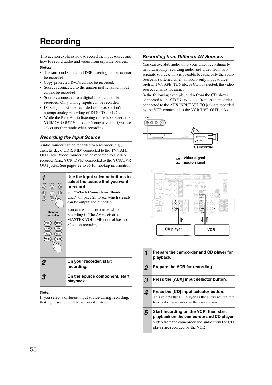 Recording | Onkyo TX SR507 User Manual | Page 58 / 100