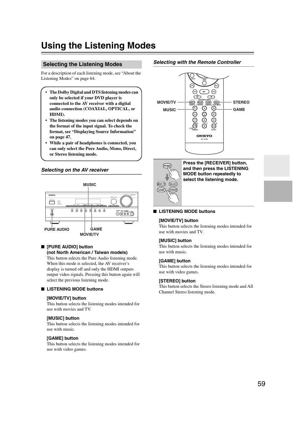 Using the listening modes, Selecting the listening modes, S (59) | Ttons (59) | Onkyo TX SR507 User Manual | Page 59 / 100