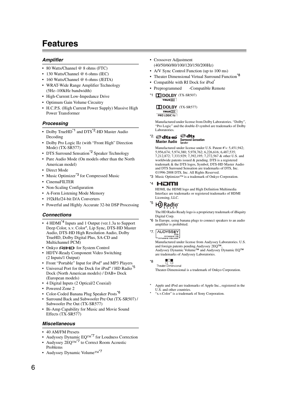 Features | Onkyo TX SR507 User Manual | Page 6 / 100