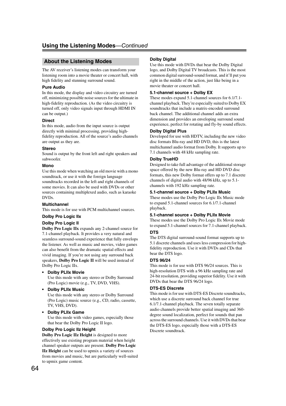 About the listening modes, Using the listening modes —continued | Onkyo TX SR507 User Manual | Page 64 / 100