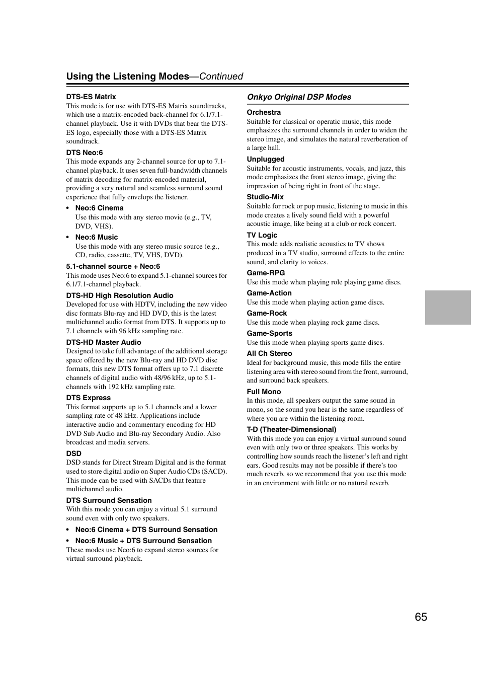 Using the listening modes —continued | Onkyo TX SR507 User Manual | Page 65 / 100