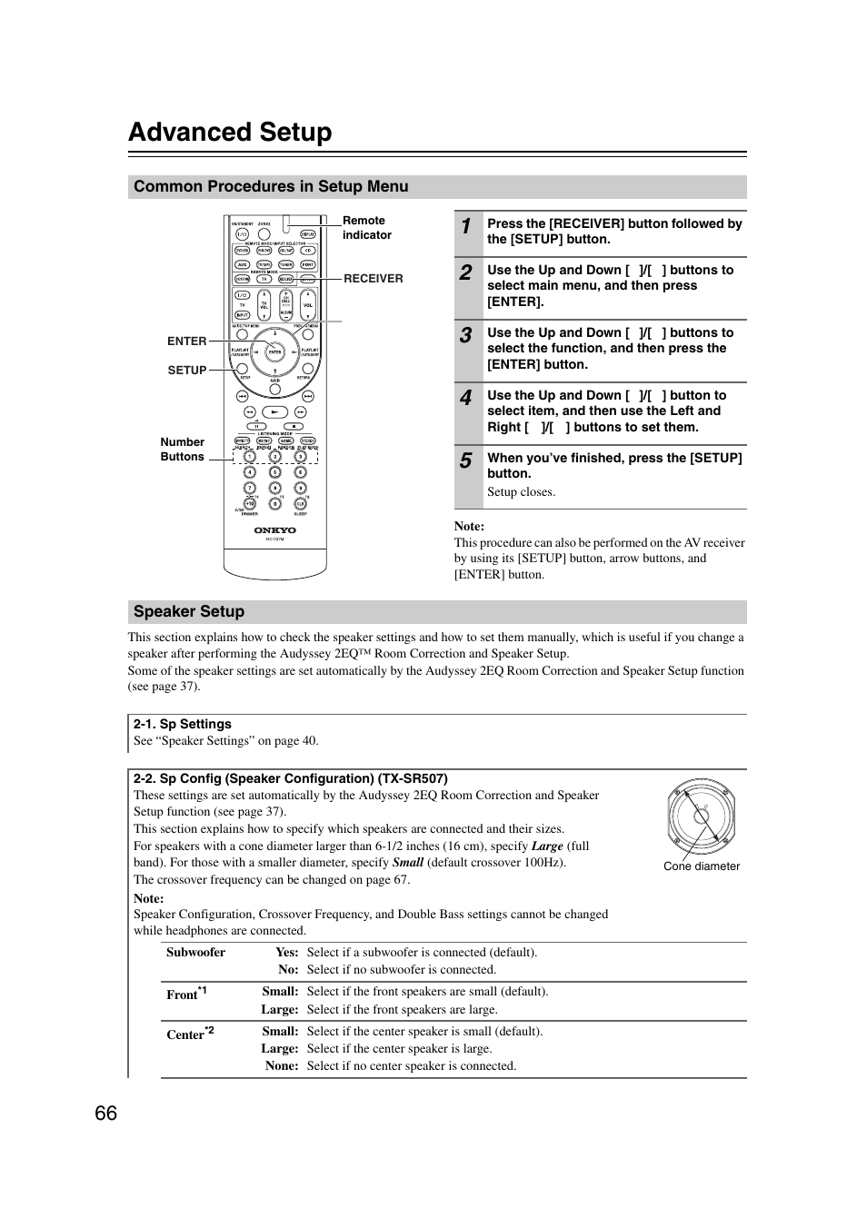 Advanced setup, Common procedures in setup menu, Speaker setup | Common procedures in setup menu speaker setup | Onkyo TX SR507 User Manual | Page 66 / 100