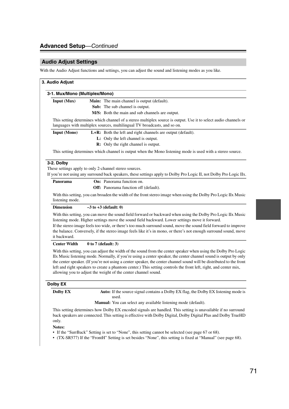 Audio adjust settings, Advanced setup —continued | Onkyo TX SR507 User Manual | Page 71 / 100