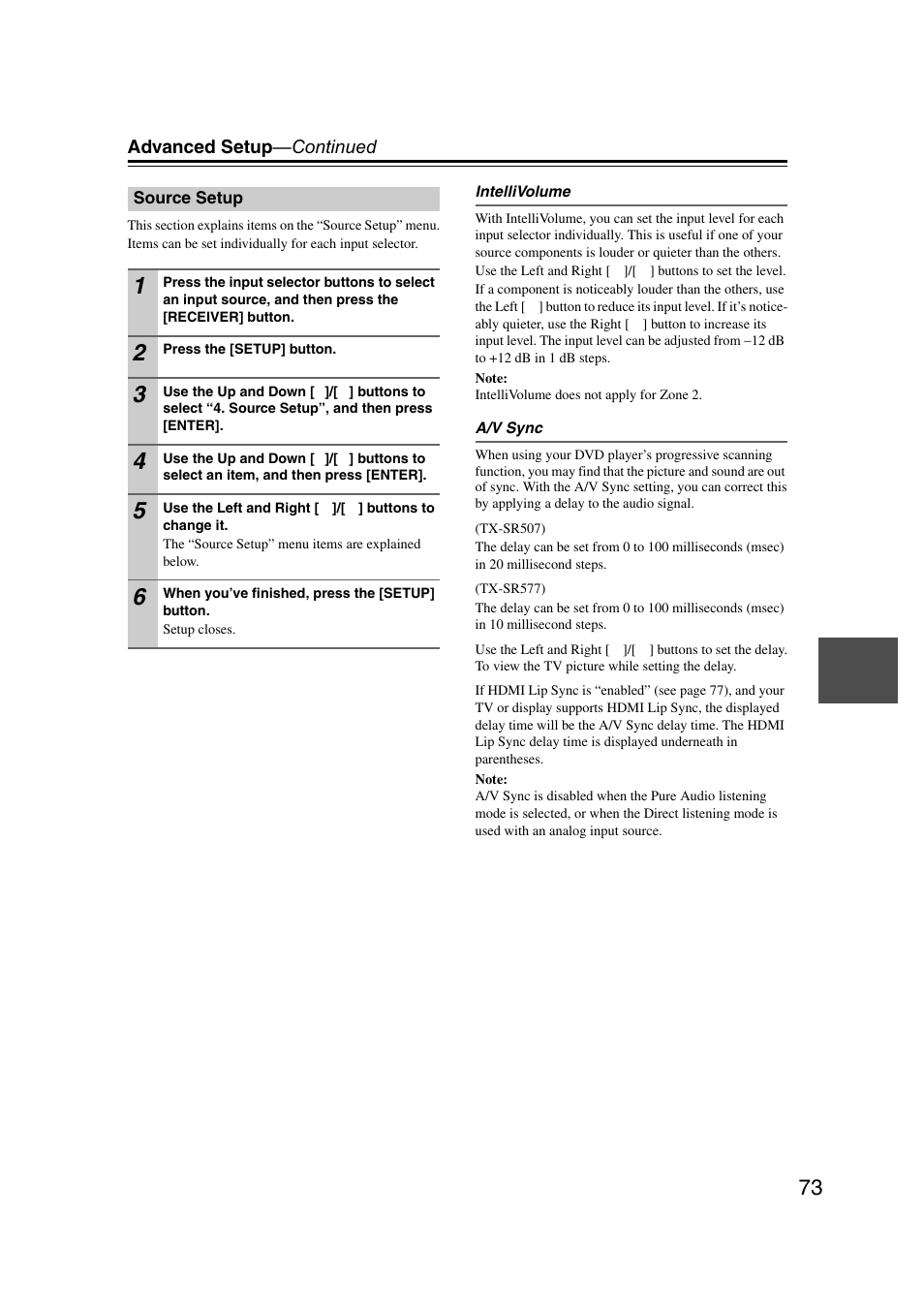 Source setup | Onkyo TX SR507 User Manual | Page 73 / 100