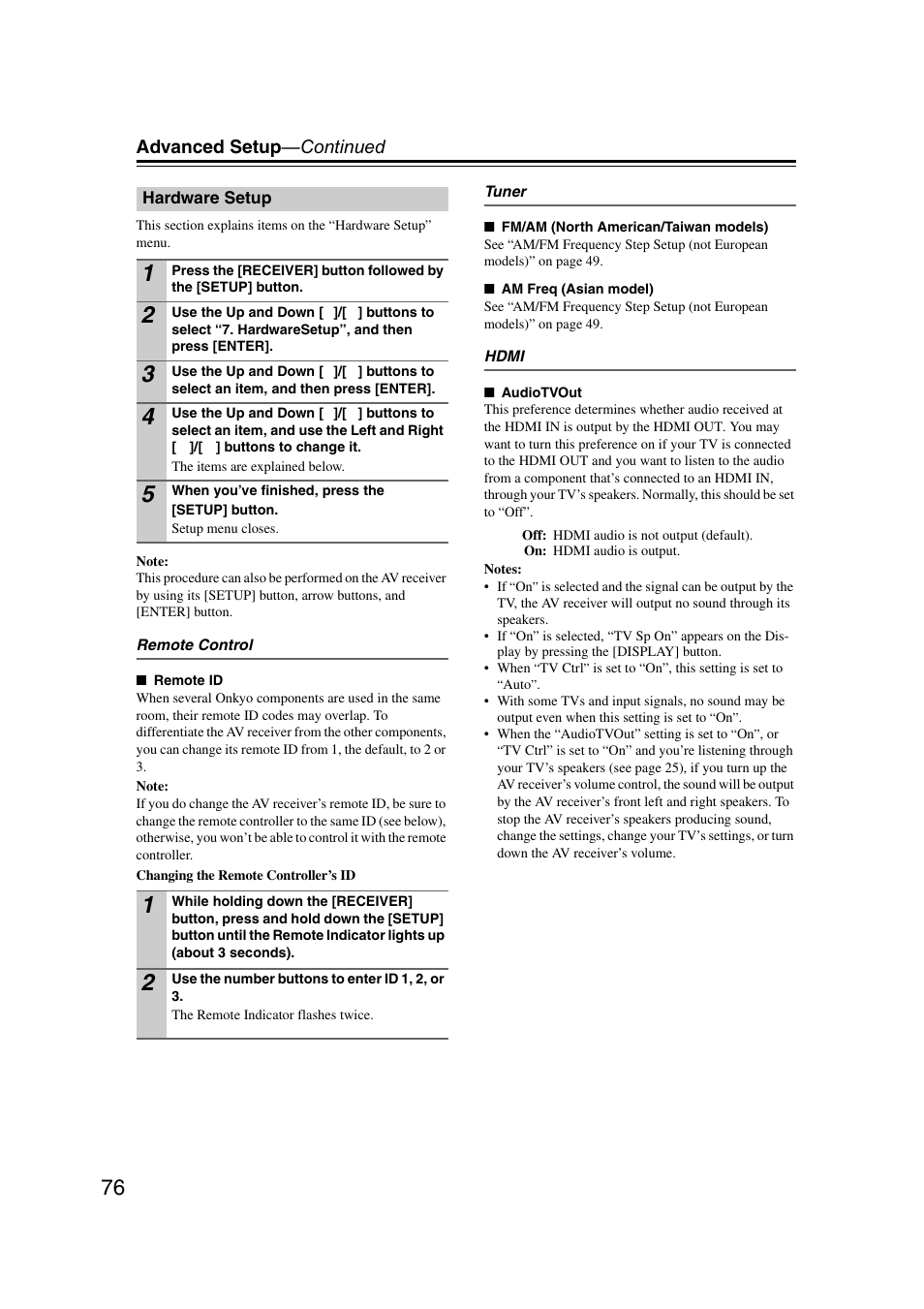 Hardware setup, Advanced setup —continued | Onkyo TX SR507 User Manual | Page 76 / 100