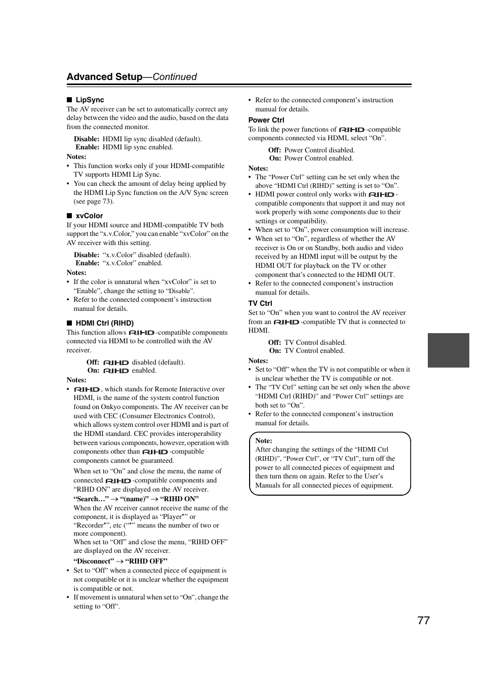 Advanced setup —continued | Onkyo TX SR507 User Manual | Page 77 / 100