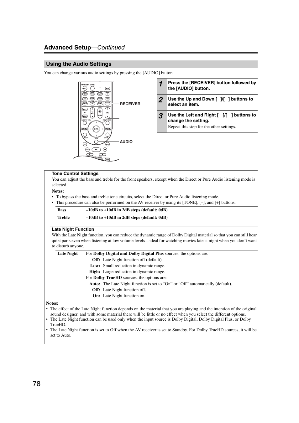 Using the audio settings, Advanced setup —continued | Onkyo TX SR507 User Manual | Page 78 / 100