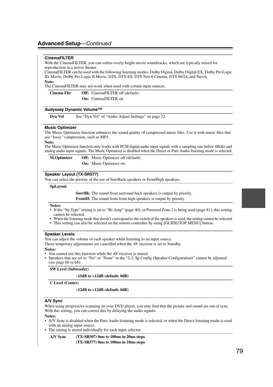 Advanced setup —continued | Onkyo TX SR507 User Manual | Page 79 / 100