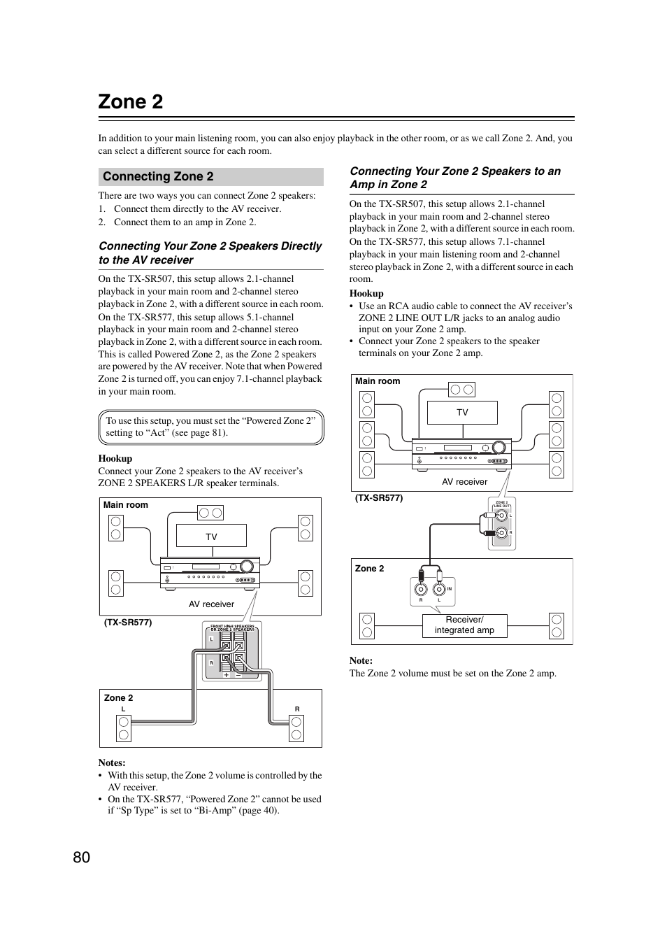 Zone 2, Connecting zone 2 | Onkyo TX SR507 User Manual | Page 80 / 100