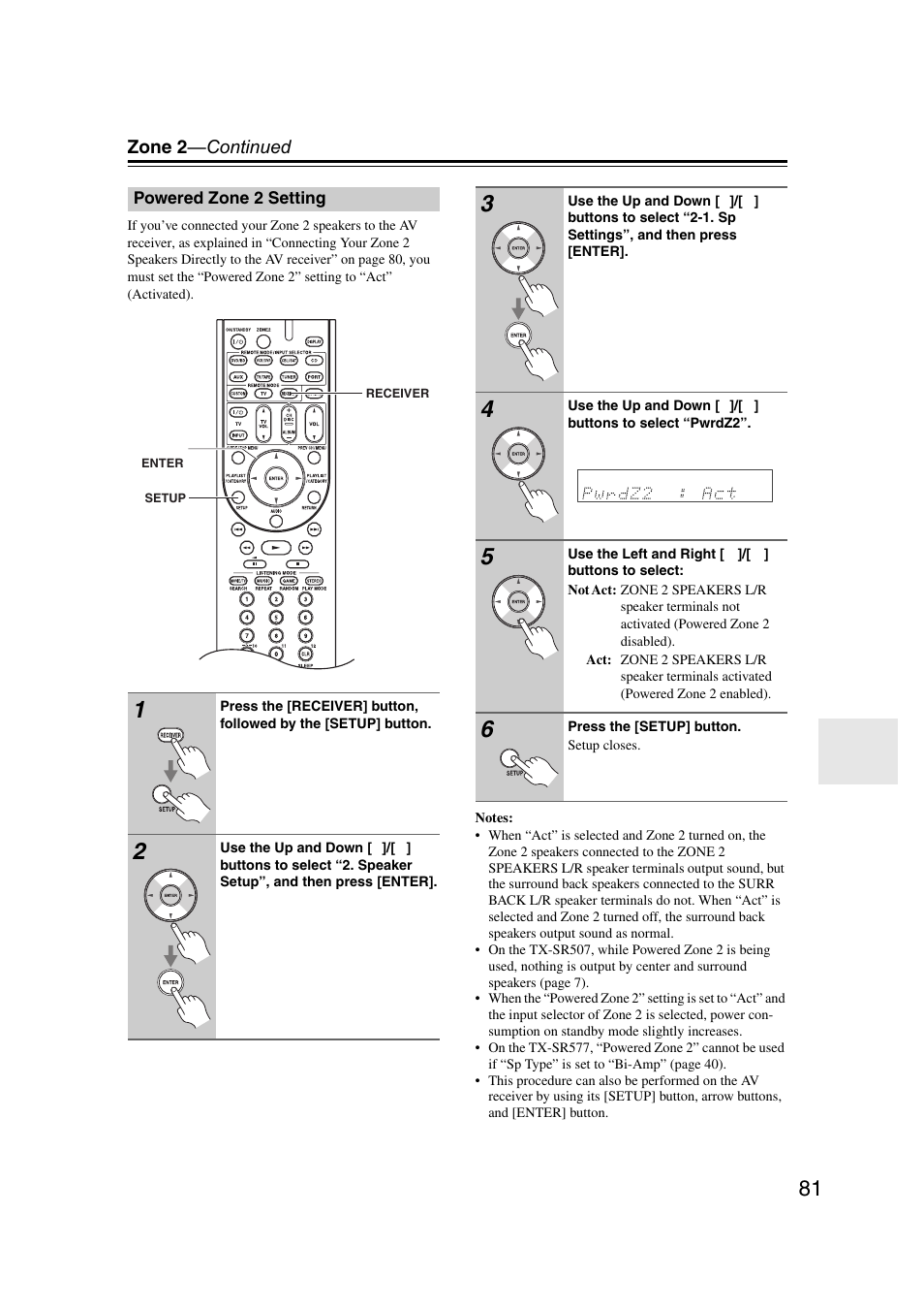 Powered zone 2 setting | Onkyo TX SR507 User Manual | Page 81 / 100