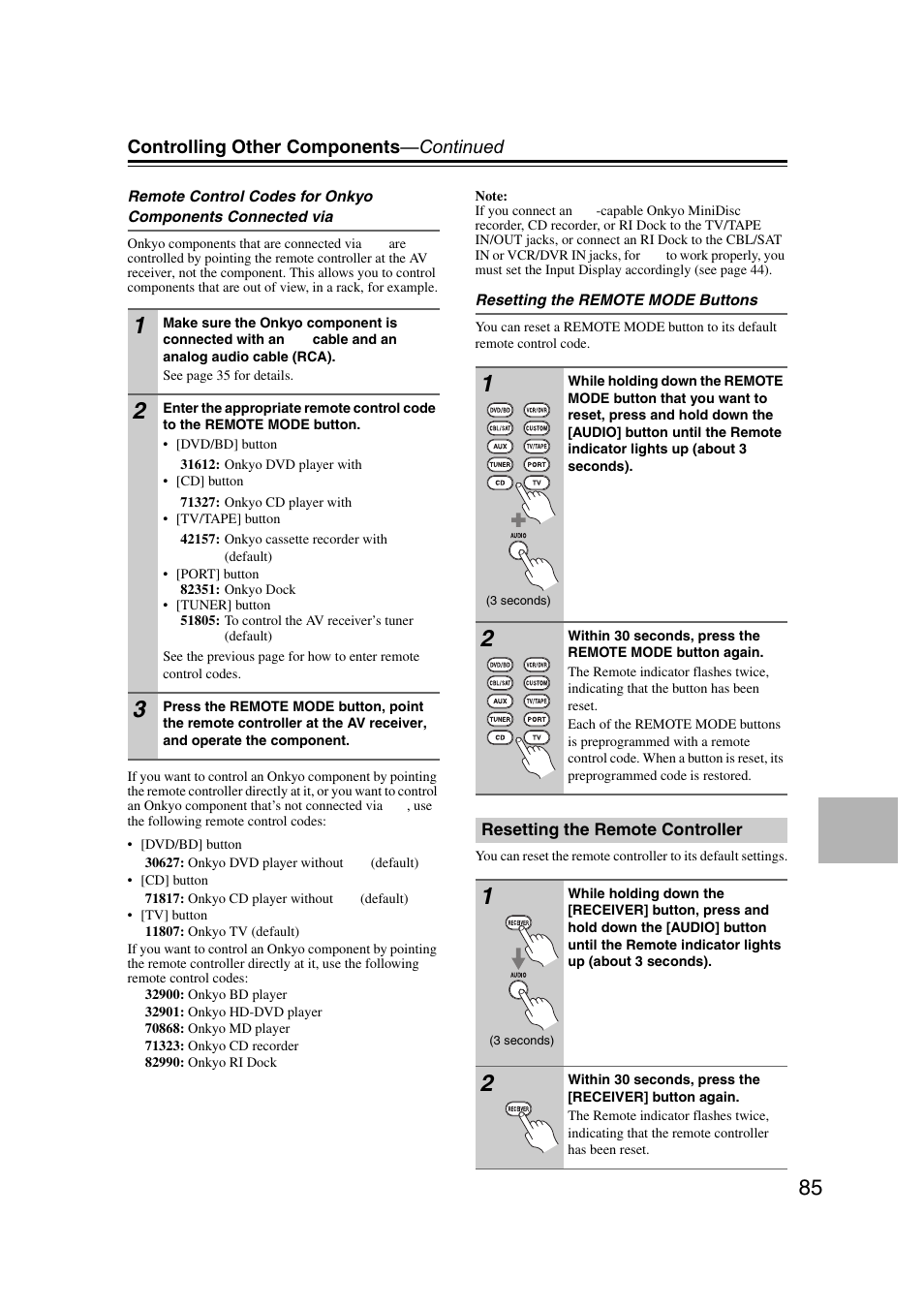 Resetting the remote controller, Controlling other components —continued | Onkyo TX SR507 User Manual | Page 85 / 100