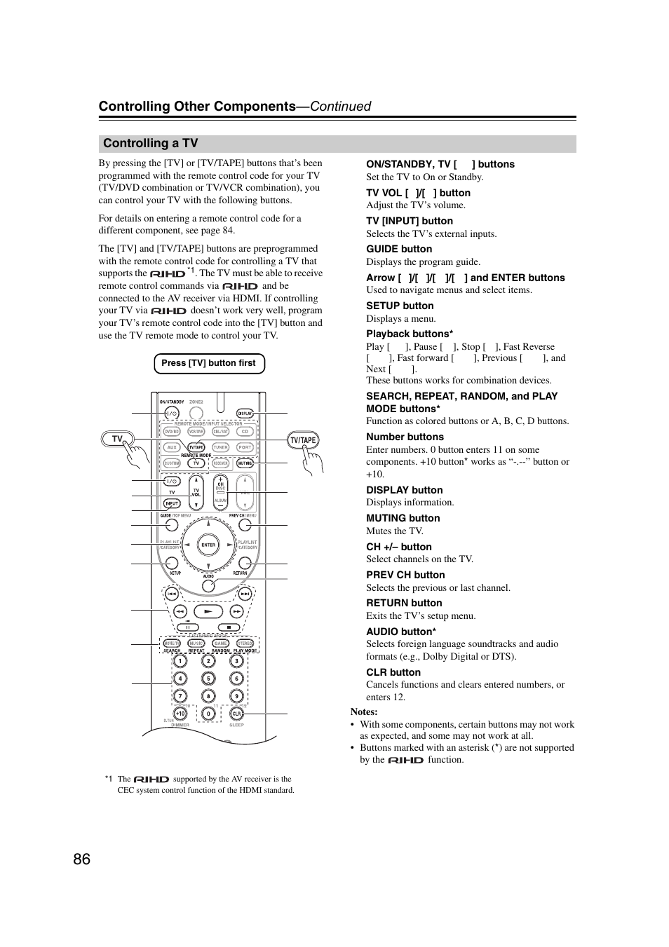 Controlling a tv, Controlling other components —continued | Onkyo TX SR507 User Manual | Page 86 / 100