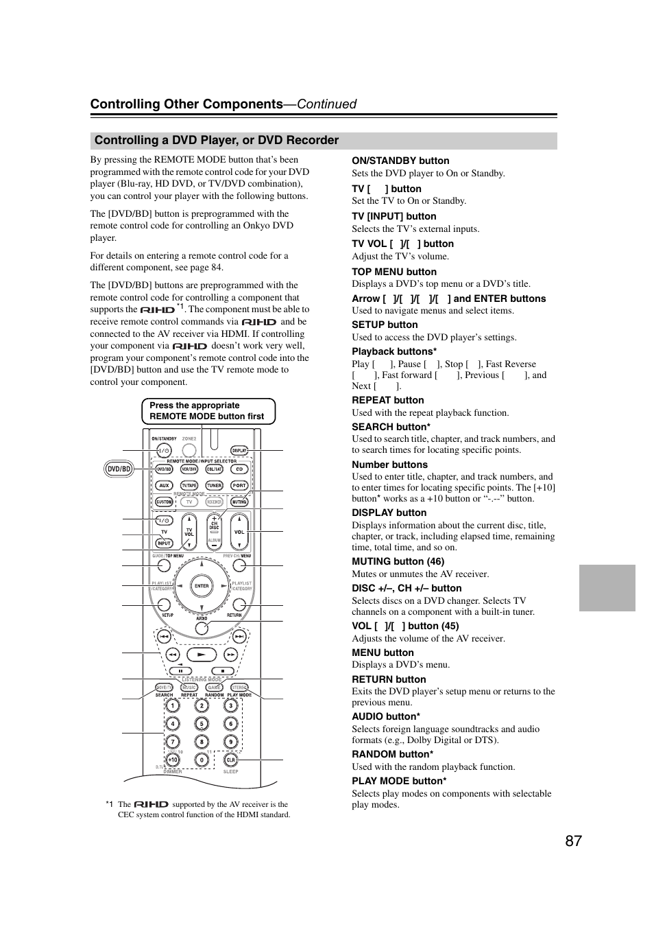 Controlling a dvd player, or dvd recorder, Controlling other components —continued | Onkyo TX SR507 User Manual | Page 87 / 100