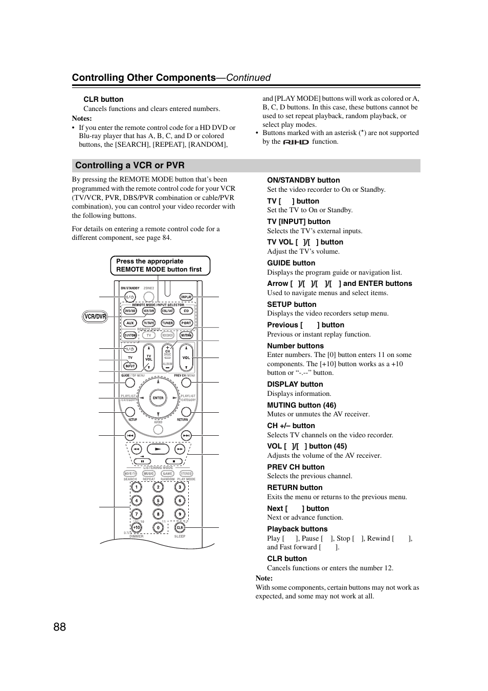 Controlling a vcr or pvr, Controlling other components —continued | Onkyo TX SR507 User Manual | Page 88 / 100