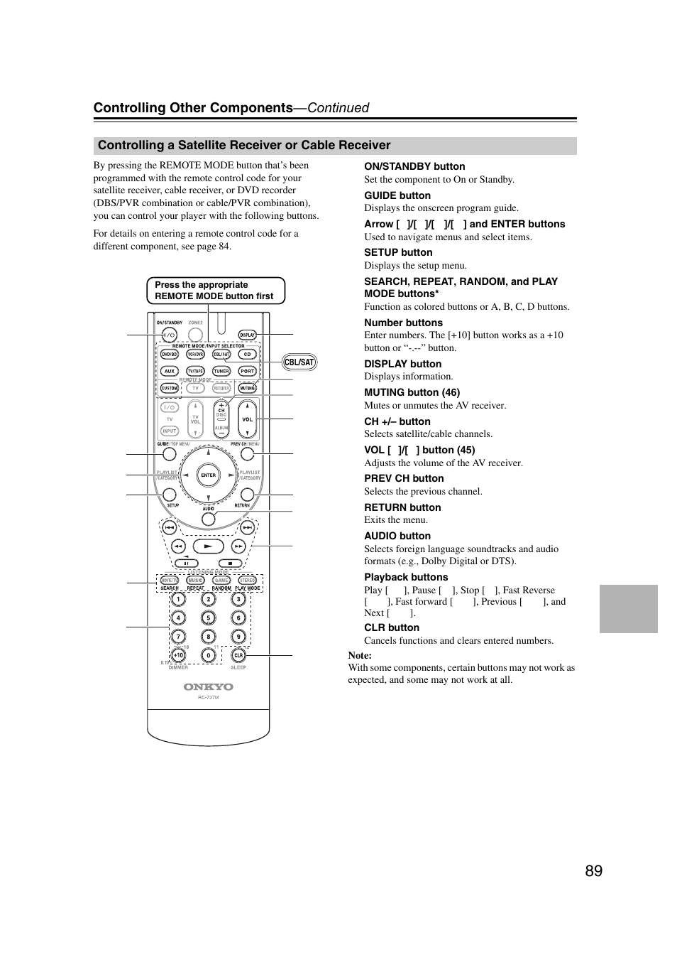 Controlling a satellite receiver or cable receiver, Controlling a satellite receiver or, Cable receiver | Controlling other components —continued | Onkyo TX SR507 User Manual | Page 89 / 100